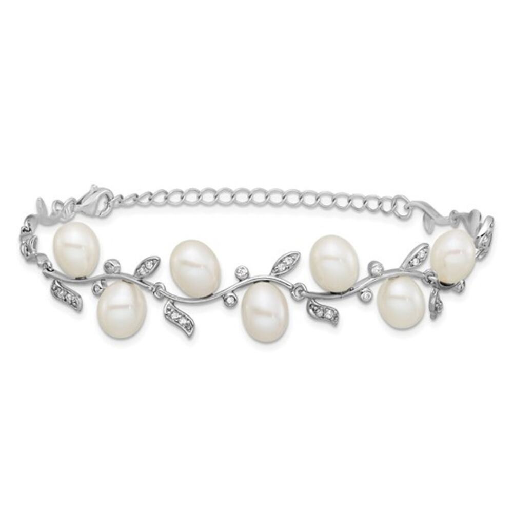 Sterling Silver Rhodium-Plated Pearl & CZ Leaf Bracelet (7” + 1” Extender)